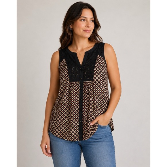 Daniel Rainn Tops - Daniel Rainn Sleeveless Top Womens Size Med Black Tan Geometric Eyelet Lace Boho